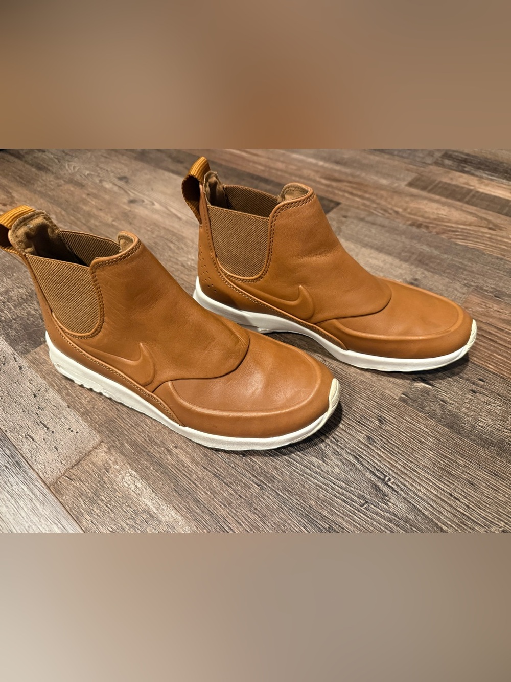 Nike Brown Leather Chelsea-Style Slip-Ons with White Soles